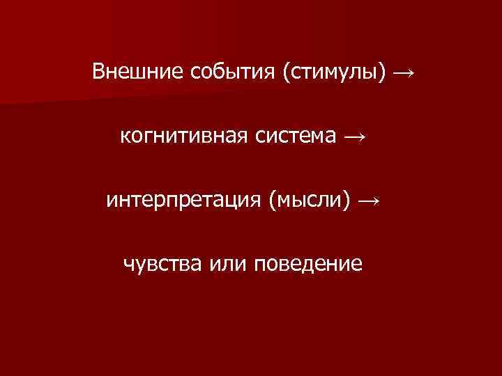 Внешние события (стимулы) → когнитивная система → интерпретация (мысли) → чувства или поведение 
