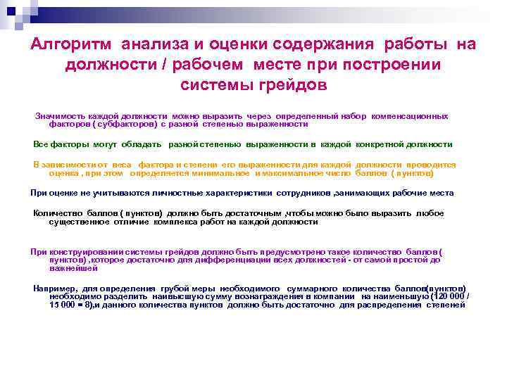 Алгоритм анализа и оценки содержания работы на должности / рабочем месте при построении системы