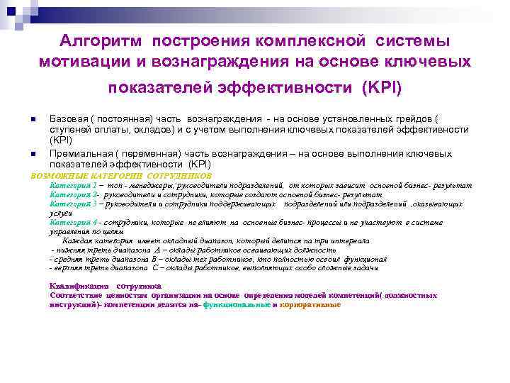 Алгоритм построения комплексной системы мотивации и вознаграждения на основе ключевых показателей эффективности (KPI) n