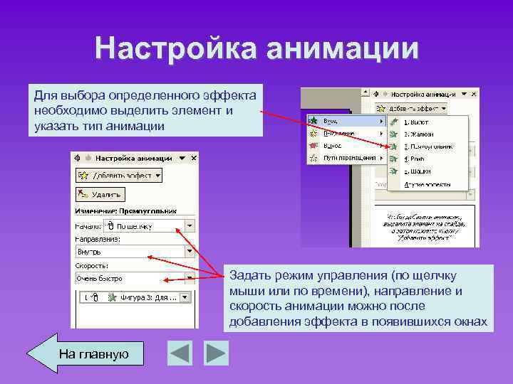 Настройка анимации Для выбора определенного эффекта необходимо выделить элемент и указать тип анимации Задать