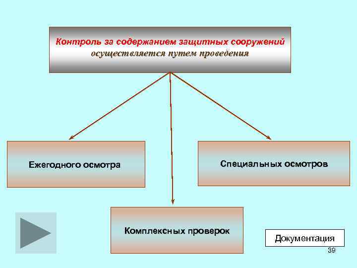 Контроль за содержанием защитных сооружений осуществляется путем проведения Ежегодного осмотра Специальных осмотров Комплексных проверок