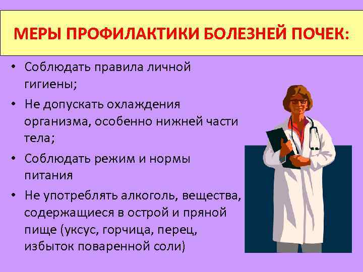 МЕРЫ ПРОФИЛАКТИКИ БОЛЕЗНЕЙ ПОЧЕК: • Соблюдать правила личной гигиены; • Не допускать охлаждения организма,