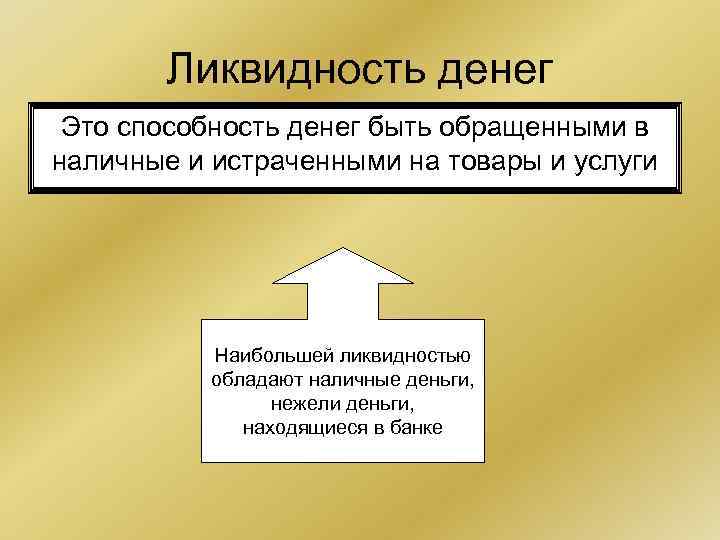 Ликвидность денег Это способность денег быть обращенными в наличные и истраченными на товары и
