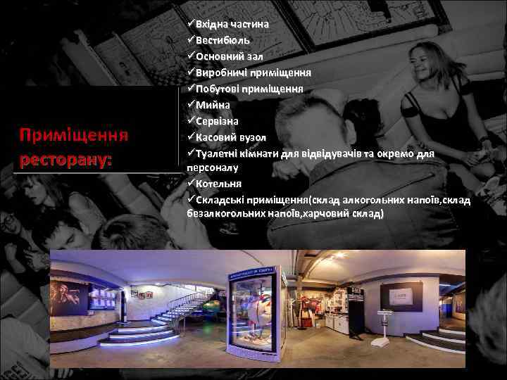 Приміщення ресторану: üВхідна частина üВестибюль üОсновний зал üВиробничі приміщення üПобутові приміщення üМийна üСервізна üКасовий