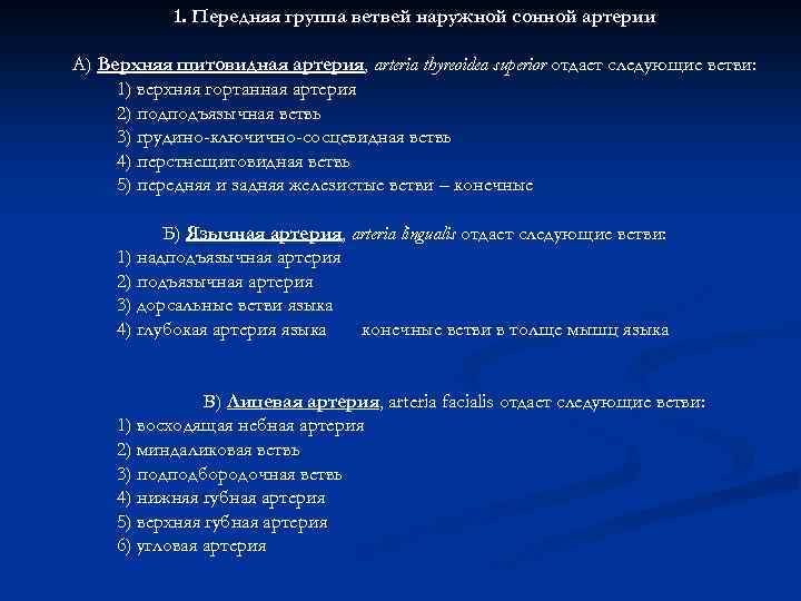 1. Передняя группа ветвей наружной сонной артерии А) Верхняя щитовидная артерия, arteria thyreoidea superior