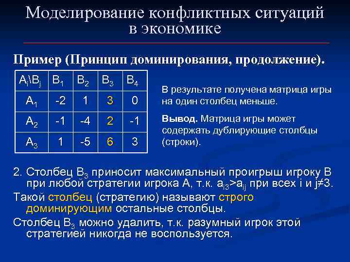 Моделирование конфликтных ситуаций в экономике Пример (Принцип доминирования, продолжение). АiBj B 1 B 2