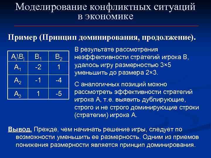 Моделирование конфликтных ситуаций в экономике Пример (Принцип доминирования, продолжение). АiBj А 1 B 1