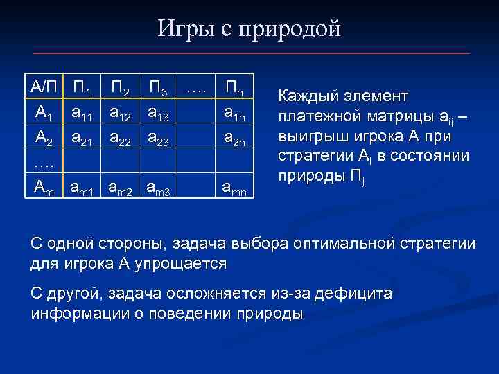 Игры с природой A/П П 1 П 2 П 3 …. Пn A 1