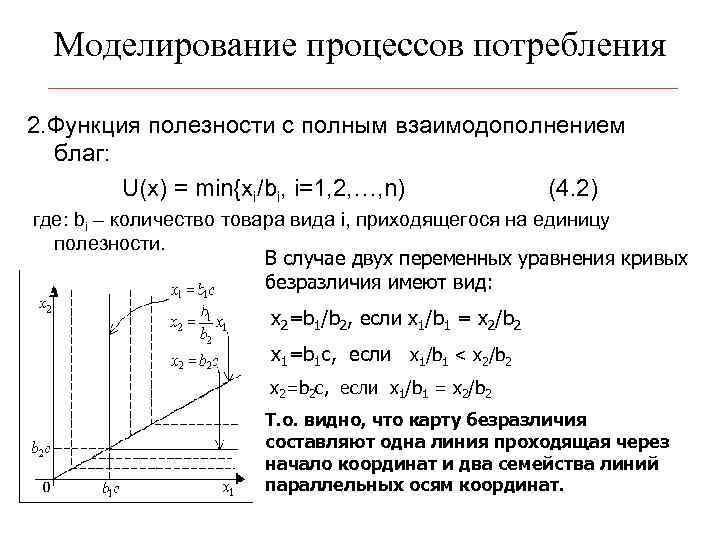 Моделирование процессов потребления 2. Функция полезности с полным взаимодополнением благ: U(x) = min{xi/bi, i=1,