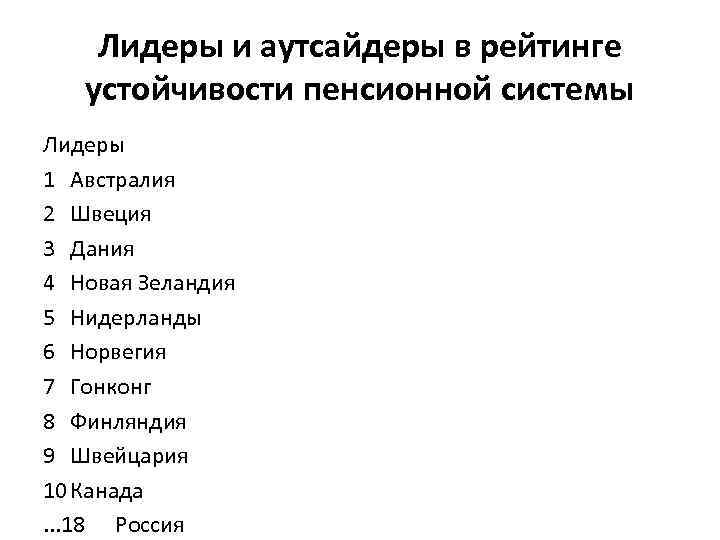 Лидеры и аутсайдеры в рейтинге устойчивости пенсионной системы Лидеры 1 Австралия 2 Швеция 3