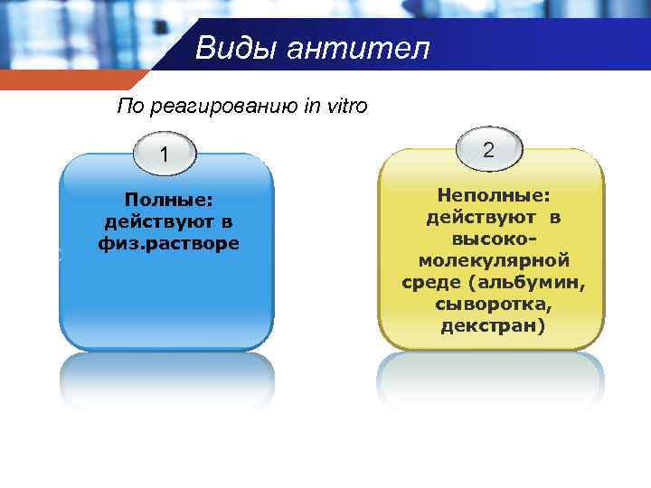 Виды антител По реагированию in vitro 1 2 Полные: действуют в физ. растворе Неполные: