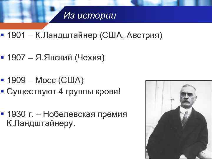 Из истории § 1901 – К. Ландштайнер (США, Австрия) § 1907 – Я. Янский