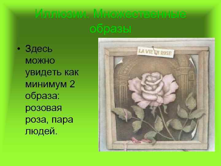 Иллюзии. Множественные образы • Здесь можно увидеть как минимум 2 образа: розовая роза, пара