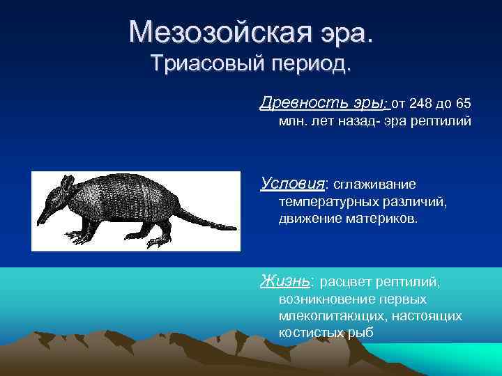 Мезозойская эра. Триасовый период. Древность эры: от 248 до 65 млн. лет назад- эра