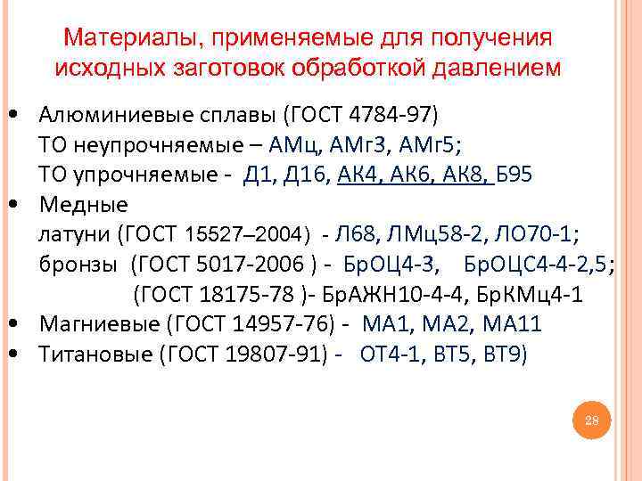  • • Материалы, применяемые для получения исходных заготовок обработкой давлением Алюминиевые сплавы (ГОСТ