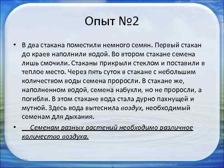 Опыт № 2 • В два стакана поместили немного семян. Первый стакан до краев