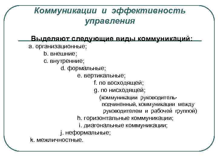 Коммуникации и эффективность управления Выделяют следующие виды коммуникаций: a. организационные; b. внешние; c. внутренние;