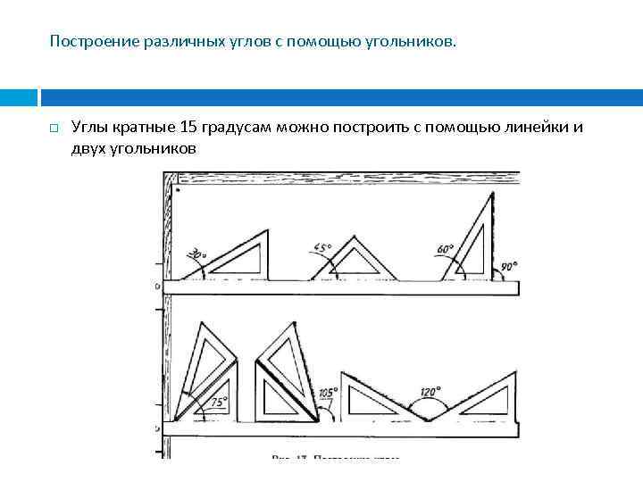 Построение различных углов с помощью угольников. Углы кратные 15 градусам можно построить с помощью