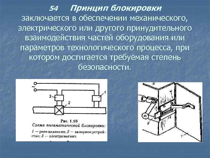 54 Принцип блокировки заключается в обеспечении механического, электрического или другого принудительного взаимодействия частей оборудования