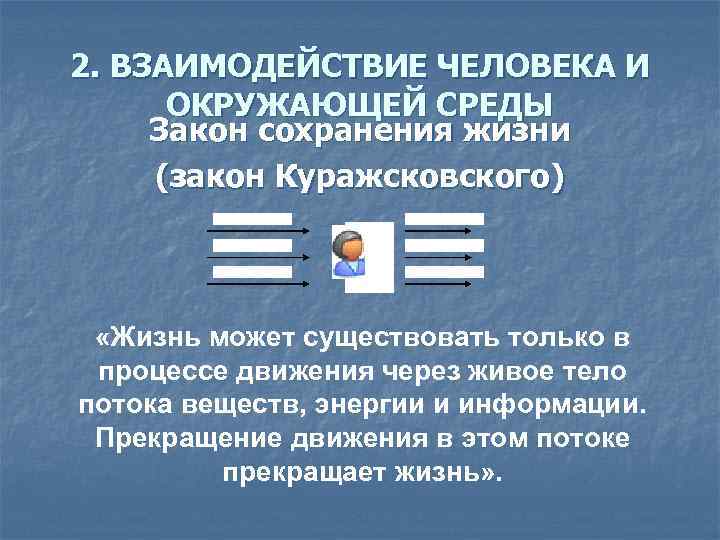 2. ВЗАИМОДЕЙСТВИЕ ЧЕЛОВЕКА И ОКРУЖАЮЩЕЙ СРЕДЫ Закон сохранения жизни (закон Куражсковского) Вещество Энергия Информация