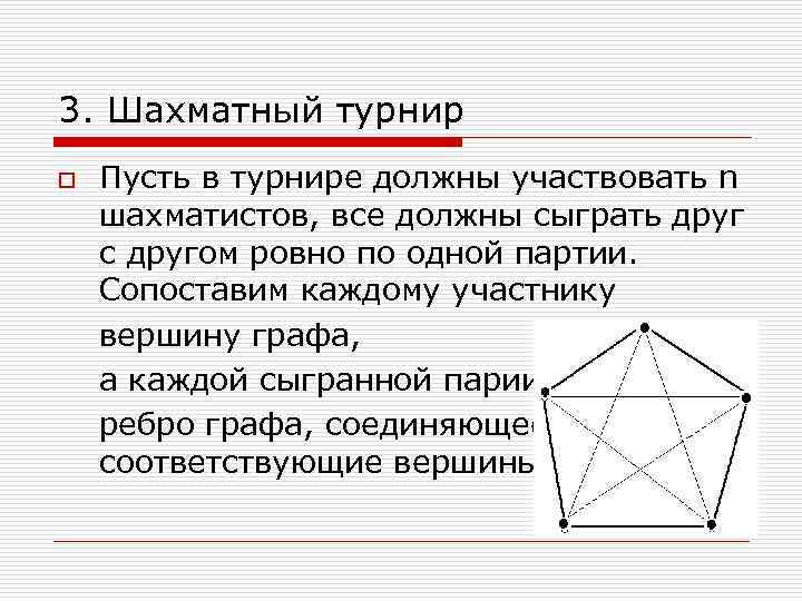 3. Шахматный турнир o Пусть в турнире должны участвовать n шахматистов, все должны сыграть