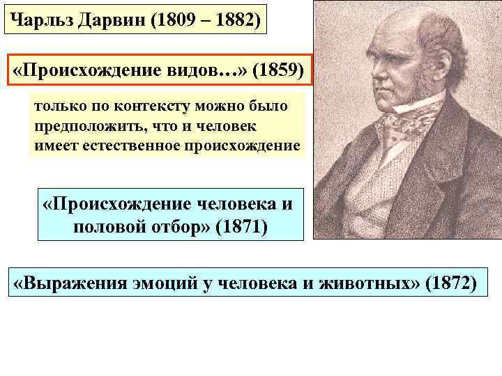 Чарльз Дарвин (1809 – 1882) «Происхождение видов…» (1859) только по контексту можно было предположить,