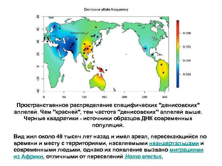 Пространственное распределение специфических ''денисовских'' аллелей. Чем ''красней'', тем частота ''денисовских'' аллелей выше. Черные квадратики