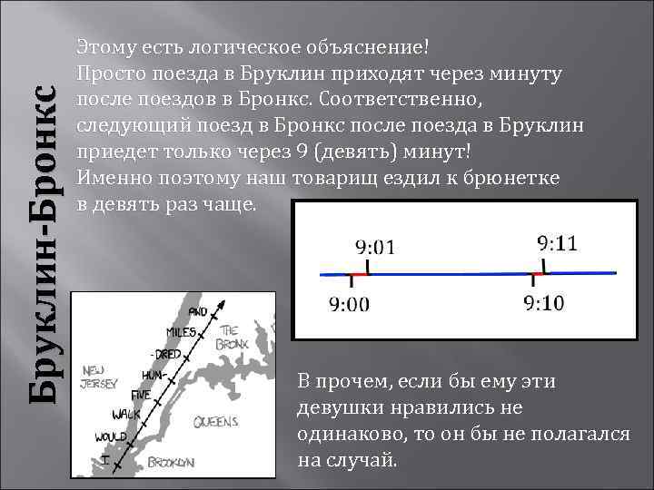 Бруклин-Бронкс Этому есть логическое объяснение! Просто поезда в Бруклин приходят через минуту после поездов