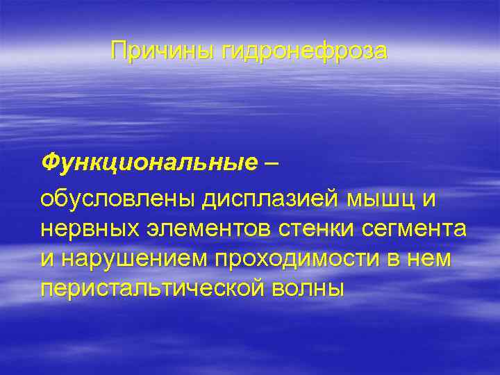 Причины гидронефроза Функциональные – обусловлены дисплазией мышц и нервных элементов стенки сегмента и нарушением