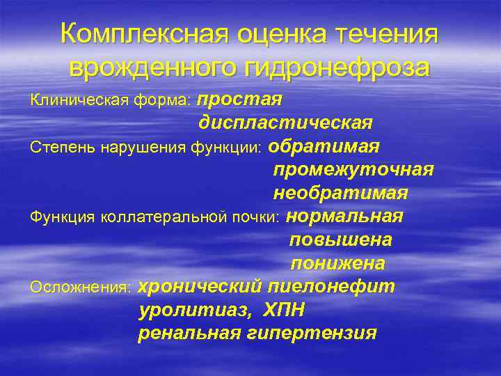 Комплексная оценка течения врожденного гидронефроза Клиническая форма: простая диспластическая Степень нарушения функции: обратимая промежуточная