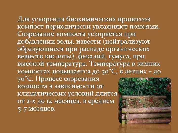 Для ускорения биохимических процессов компост периодически увлажняют помоями. Созревание компоста ускоряется при добавлении золы,