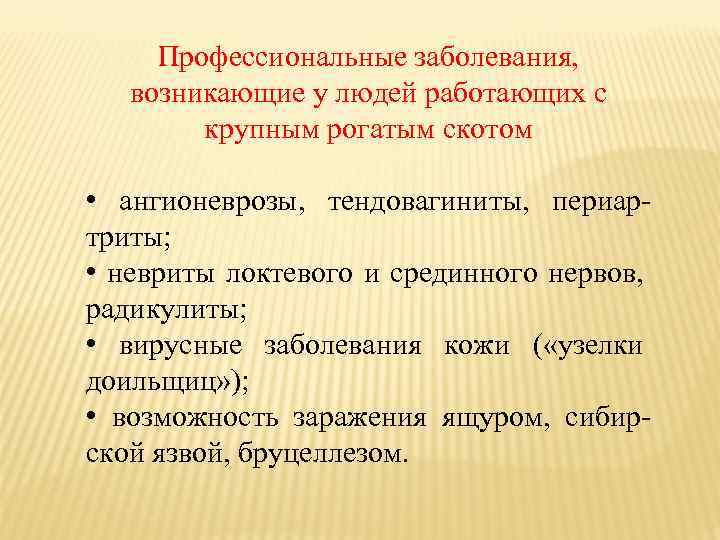 Профессиональные заболевания, возникающие у людей работающих с крупным рогатым скотом • ангионеврозы, тендовагиниты, периартриты;