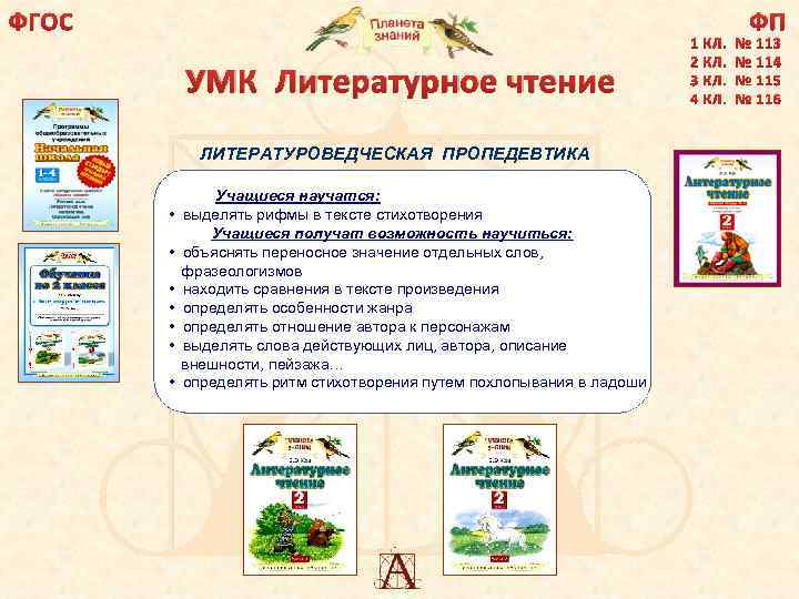 ФГОС ФП УМК Литературное чтение ЛИТЕРАТУРОВЕДЧЕСКАЯ ПРОПЕДЕВТИКА Учащиеся научатся: • выделять рифмы в тексте