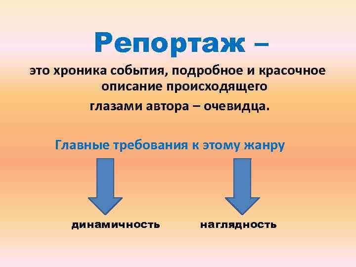 Репортаж – это хроника события, подробное и красочное описание происходящего глазами автора – очевидца.