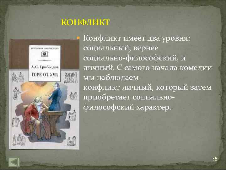  Конфликт имеет два уровня: социальный, вернее социально-философский, и личный. С самого начала комедии