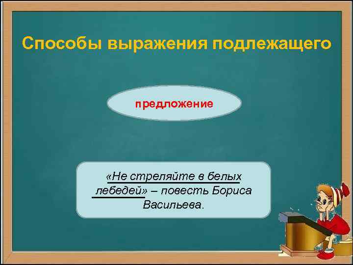 Способы выражения подлежащего предложение «Не стреляйте в белых лебедей» – повесть Бориса Васильева. 