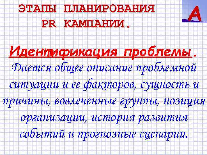 ЭТАПЫ PR ПЛАНИРОВАНИЯ КАМПАНИИ. A Идентификация проблемы. Дается общее описание проблемной ситуации и ее