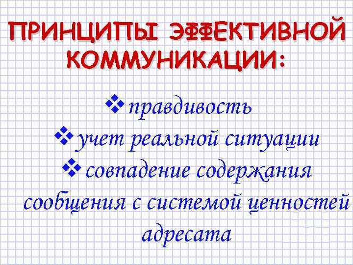 ПРИНЦИПЫ ЭФФЕКТИВНОЙ КОММУНИКАЦИИ: правдивость учет реальной ситуации совпадение содержания сообщения с системой ценностей адресата