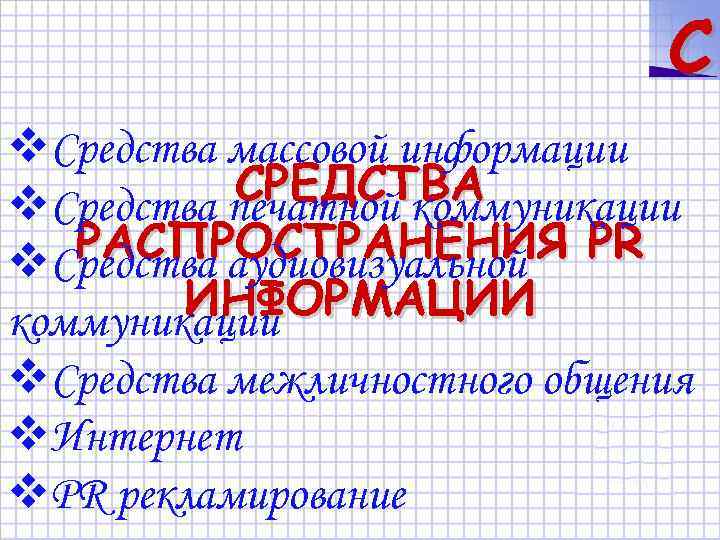 C Средства массовой информации СРЕДСТВА Средства печатной коммуникации РАСПРОСТРАНЕНИЯ PR Средства аудиовизуальной ИНФОРМАЦИИ коммуникации
