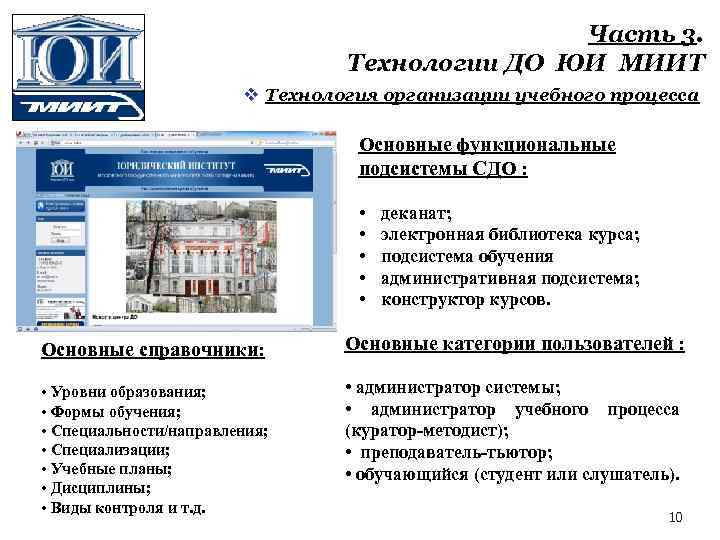 Часть 3. Технологии ДО ЮИ МИИТ v Технология организации учебного процесса Основные функциональные подсистемы