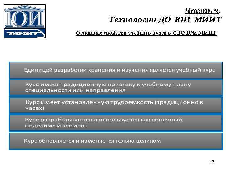Часть 3. Технологии ДО ЮИ МИИТ Основные свойства учебного курса в СДО ЮИ МИИТ