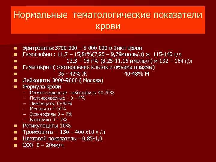Нормальные гематологические показатели крови n n n n Эритроциты: 3700 000 – 5 000