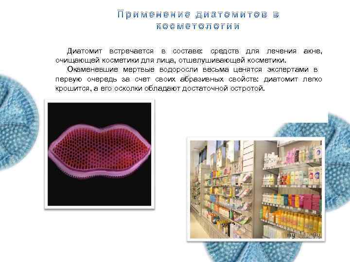 Экология диатомитовых водорослей Применение диатомитов в косметологии Диатомит встречается в составе: средств для лечения