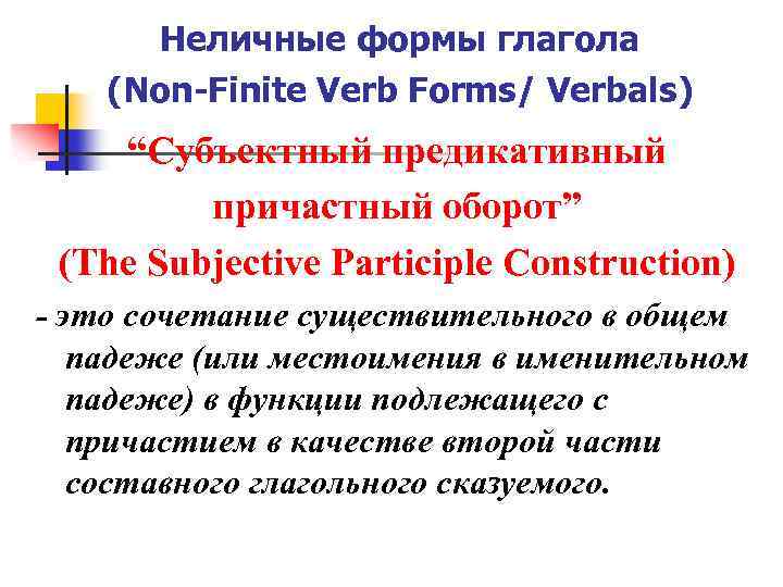 Неличные формы глагола (Non-Finite Verb Forms/ Verbals) “Субъектный предикативный причастный оборот” (The Subjective Participle