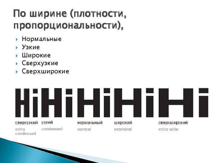 По ширине (плотности, пропорциональности), Нормальные Узкие Широкие Сверхузкие Сверхширокие 