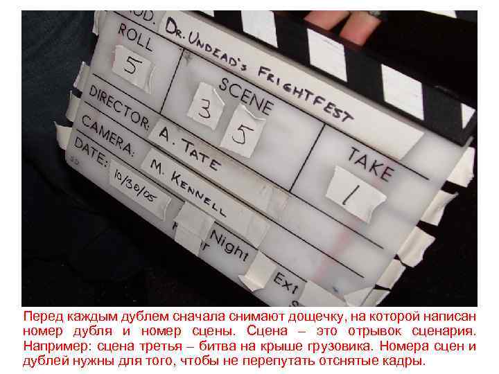 Перед каждым дублем сначала снимают дощечку, на которой написан номер дубля и номер сцены.