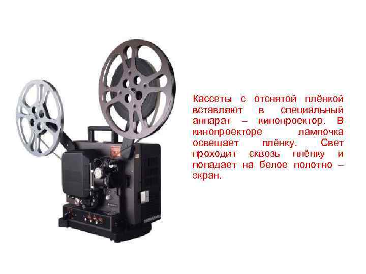 Кассеты с отснятой плёнкой вставляют в специальный аппарат – кинопроектор. В кинопроекторе лампочка освещает