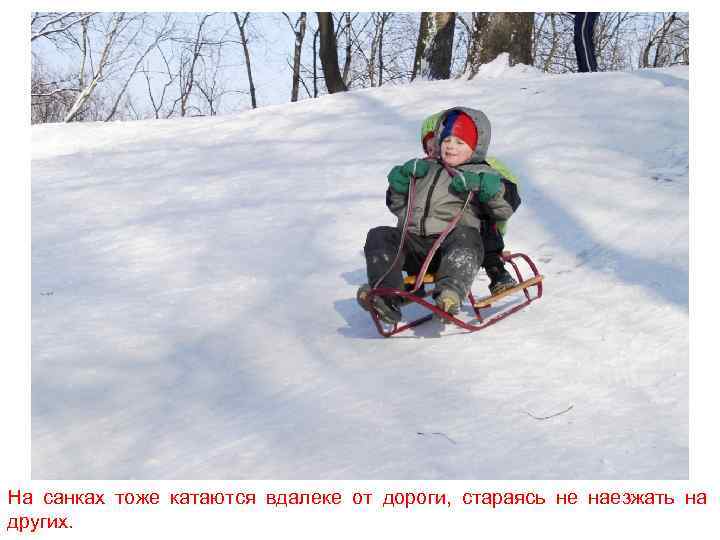 На санках тоже катаются вдалеке от дороги, стараясь не наезжать на других. 