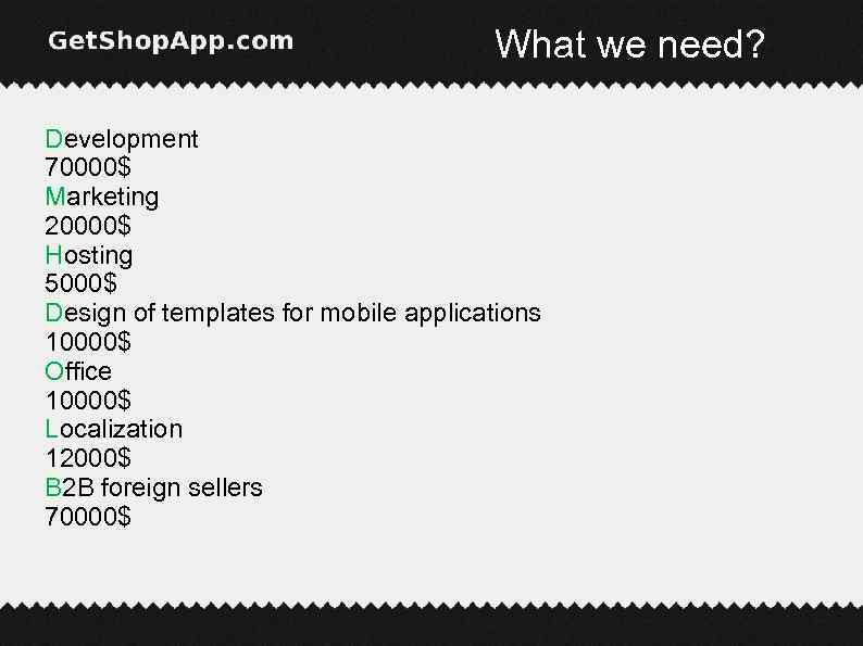 What we need? Development 70000$ Marketing 20000$ Hosting 5000$ Design of templates for mobile