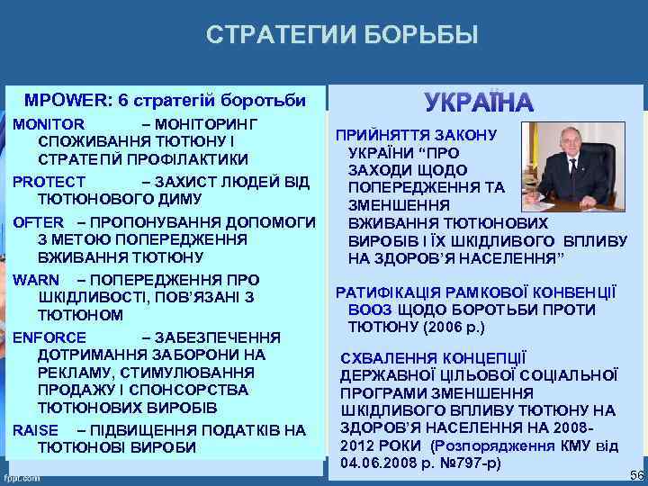  СТРАТЕГИИ БОРЬБЫ MPOWER: 6 стратегій боротьби УКРАЇНА MONITOR – МОНІТОРИНГ СПОЖИВАННЯ ТЮТЮНУ І